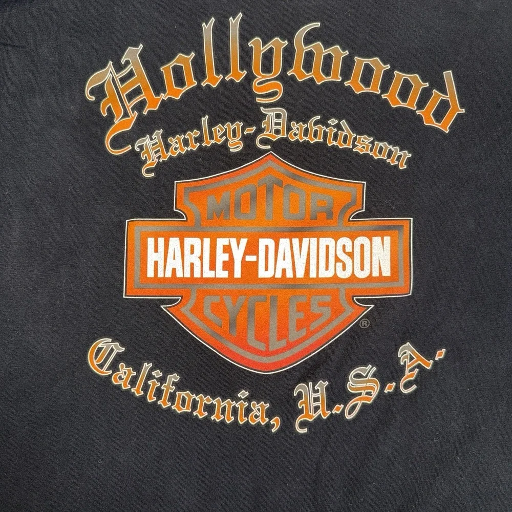Harley Davidson T Shirt L Black Made In USA Hollywood CA Flame‎ Skull Biker VTG